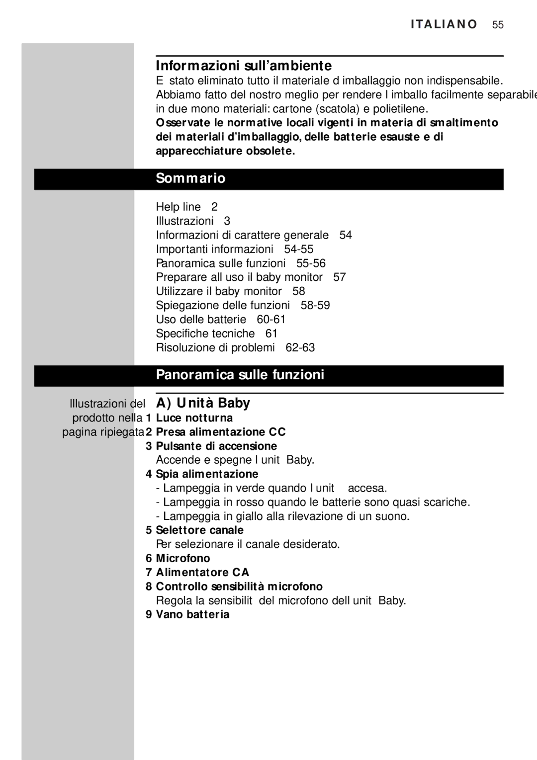 Philips SBC SC450 manual Informazioni sull’ambiente, Sommario, Panoramica sulle funzioni 