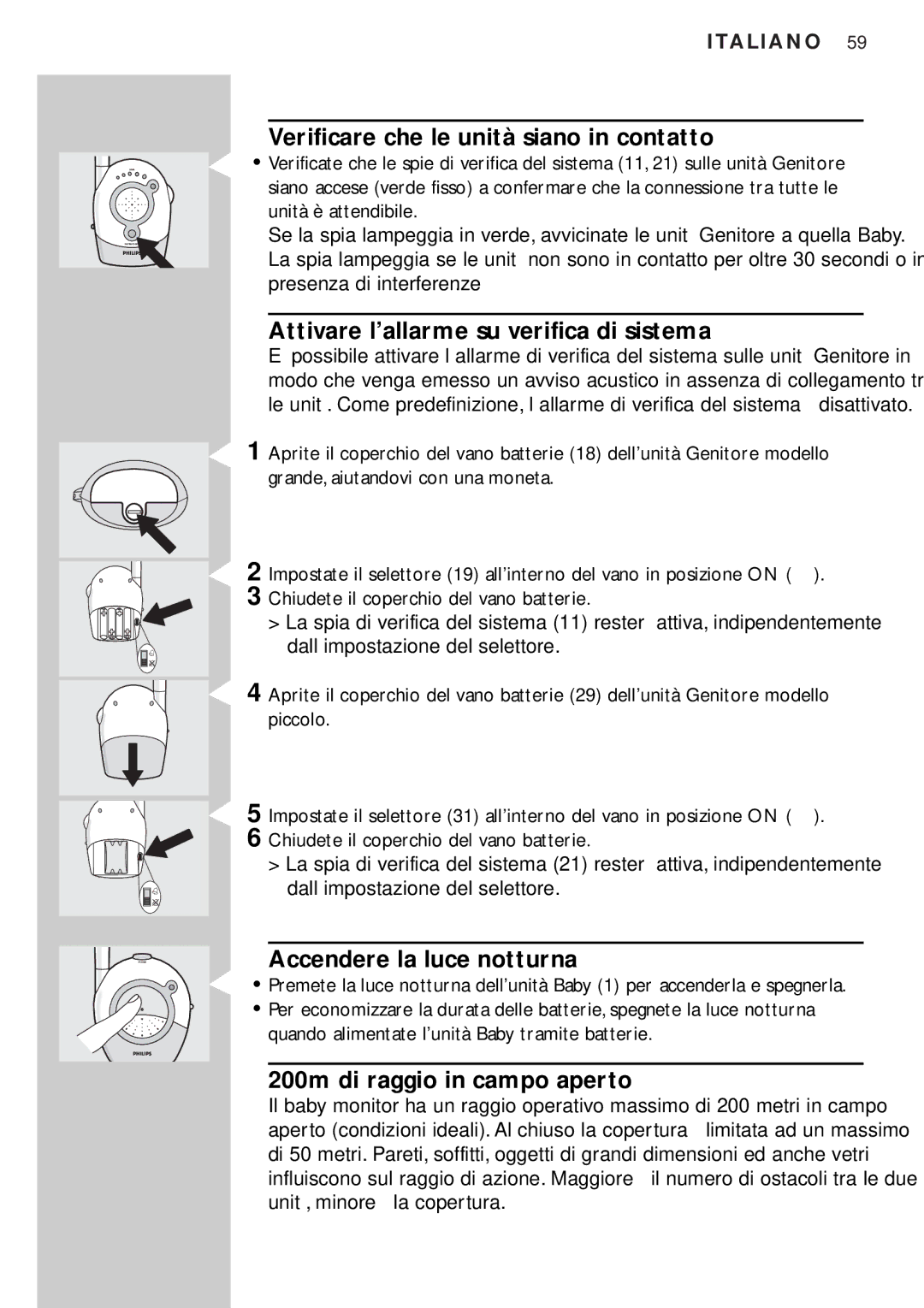 Philips SBC SC450 manual Verificare che le unità siano in contatto, Attivare l’allarme su verifica di sistema 