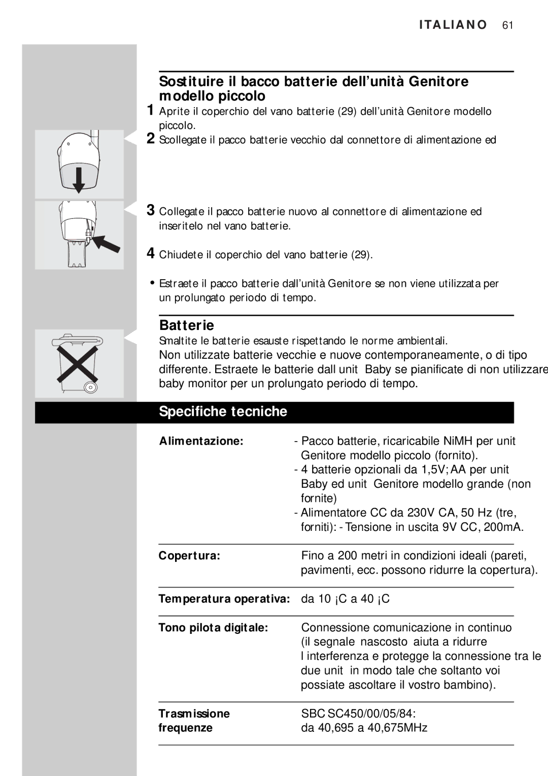 Philips SBC SC450 manual Batterie, Specifiche tecniche 