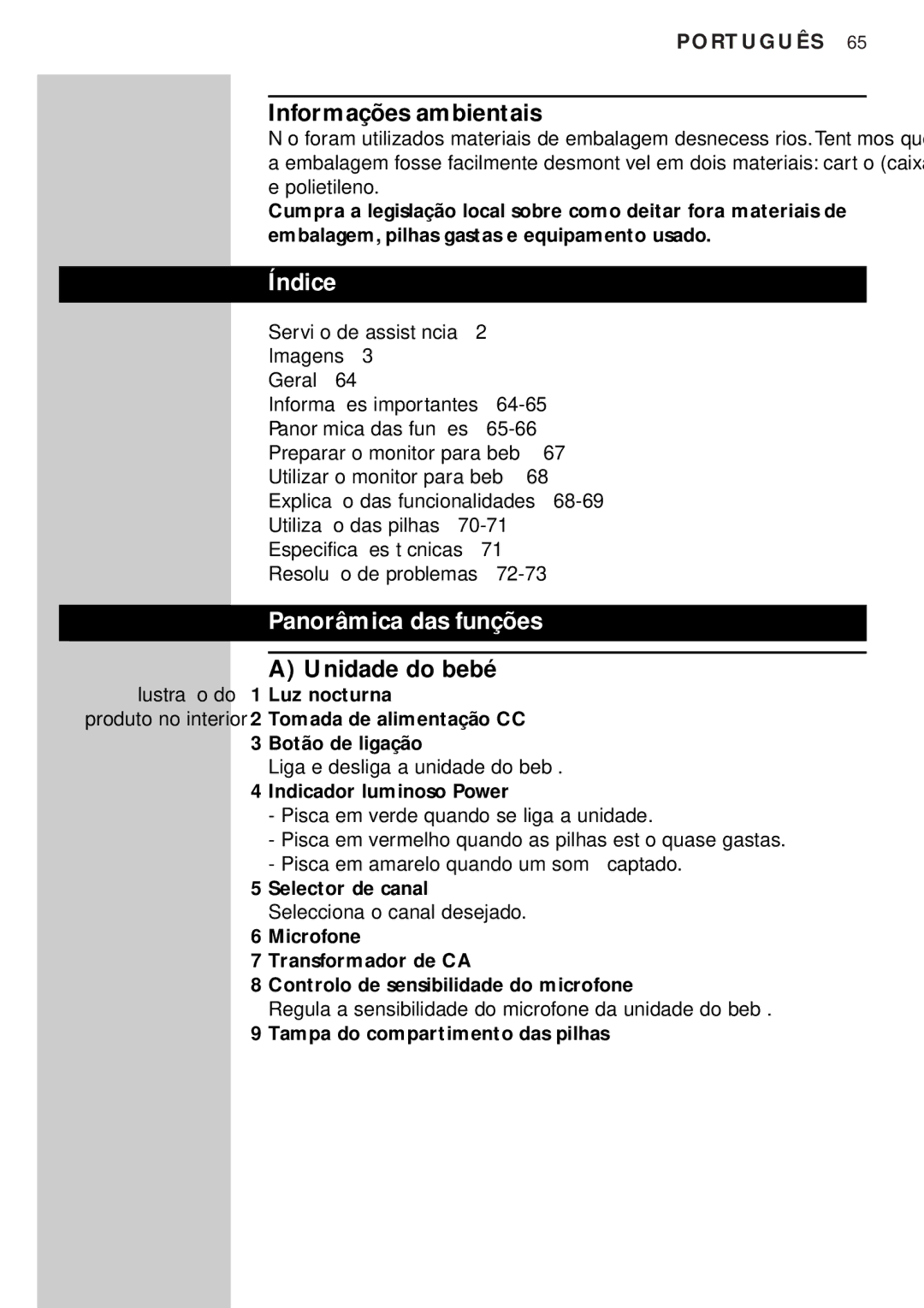 Philips SBC SC450 manual Informações ambientais, Índice, Panorâmica das funções, Unidade do bebé 