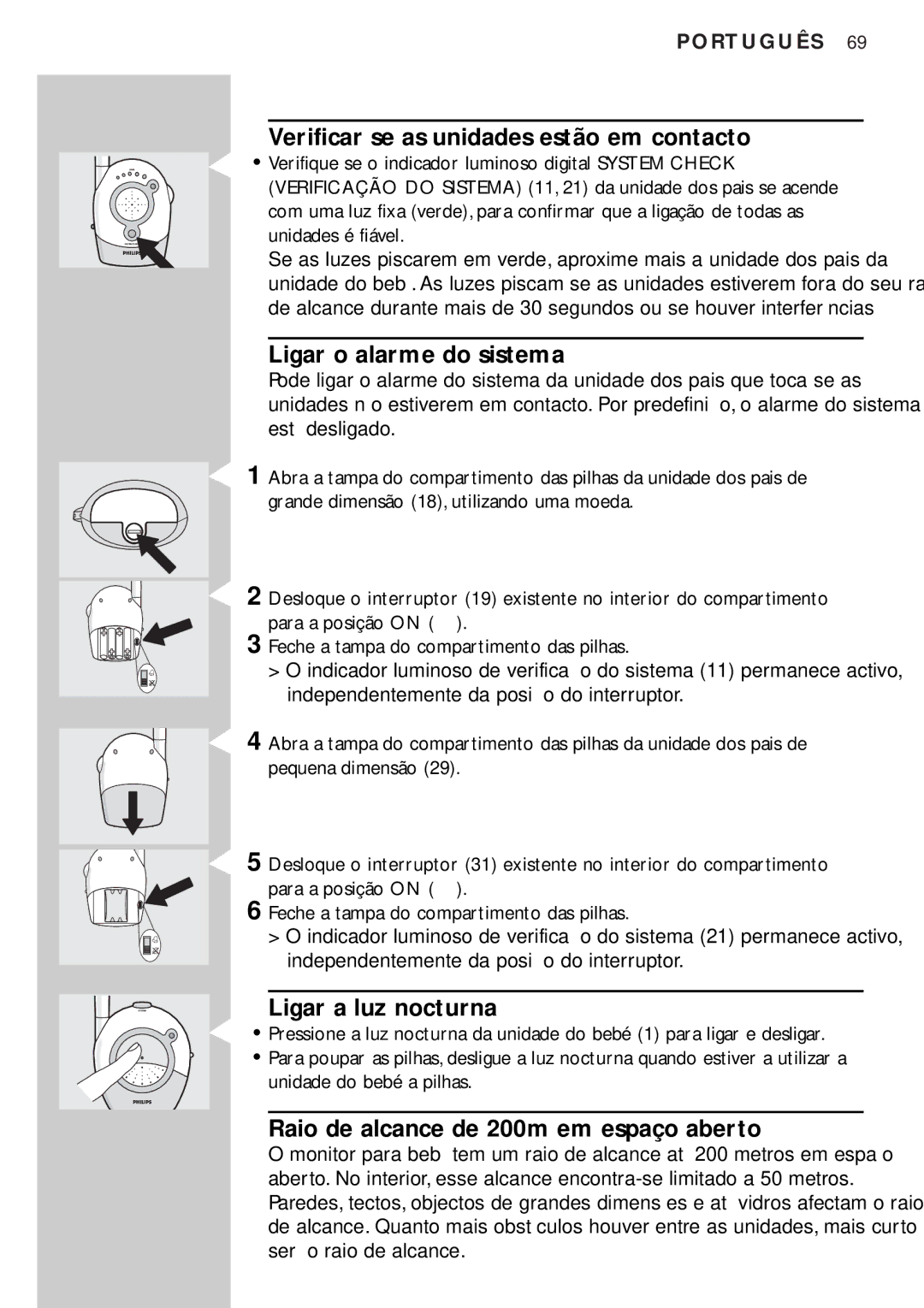 Philips SBC SC450 manual Verificar se as unidades estão em contacto, Ligar o alarme do sistema, Ligar a luz nocturna 