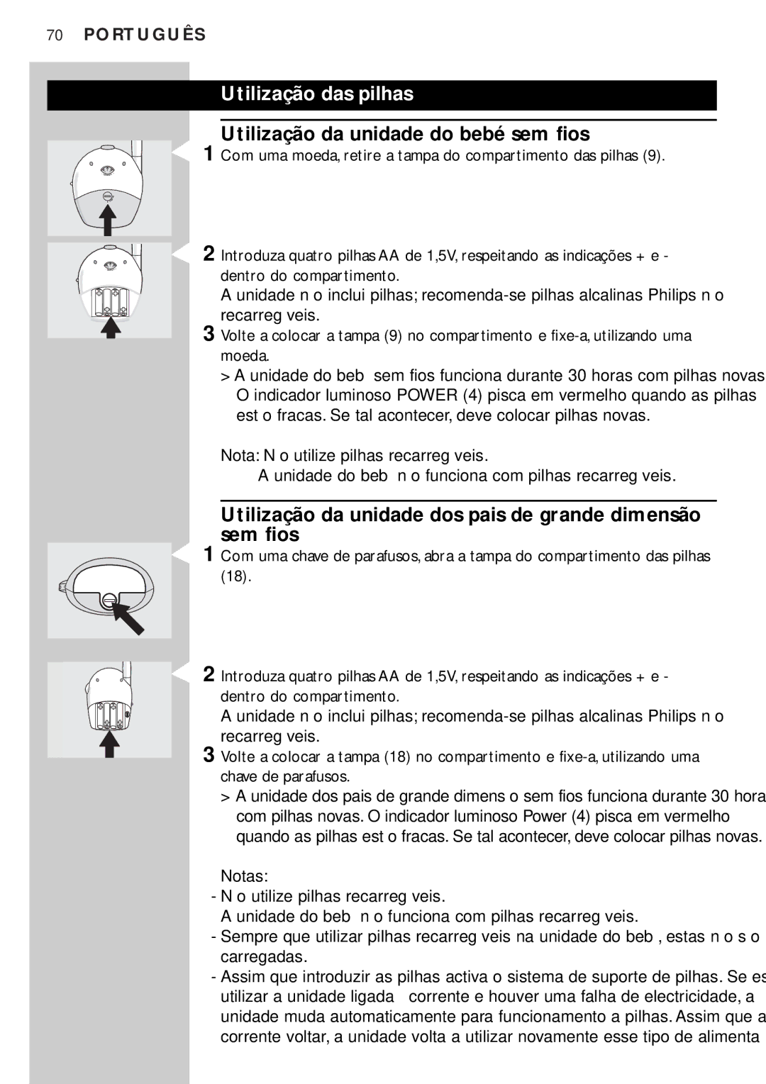 Philips SBC SC450 manual Utilização das pilhas, Utilização da unidade do bebé sem fios 