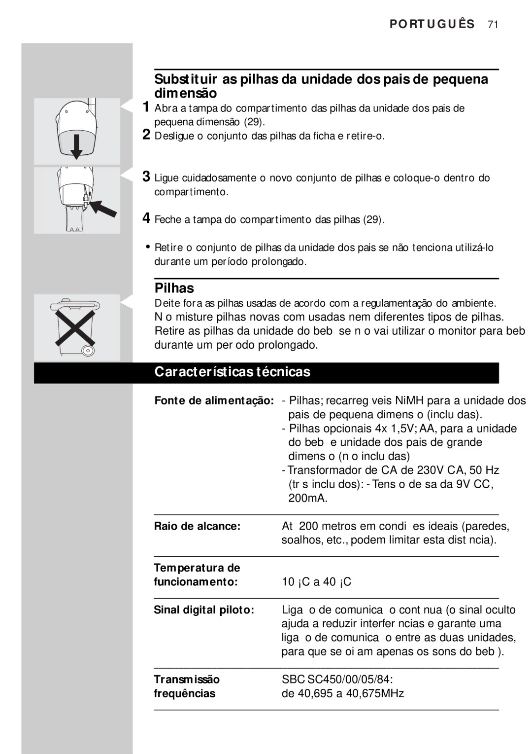 Philips SBC SC450 manual Pilhas, Características técnicas, Raio de alcance 