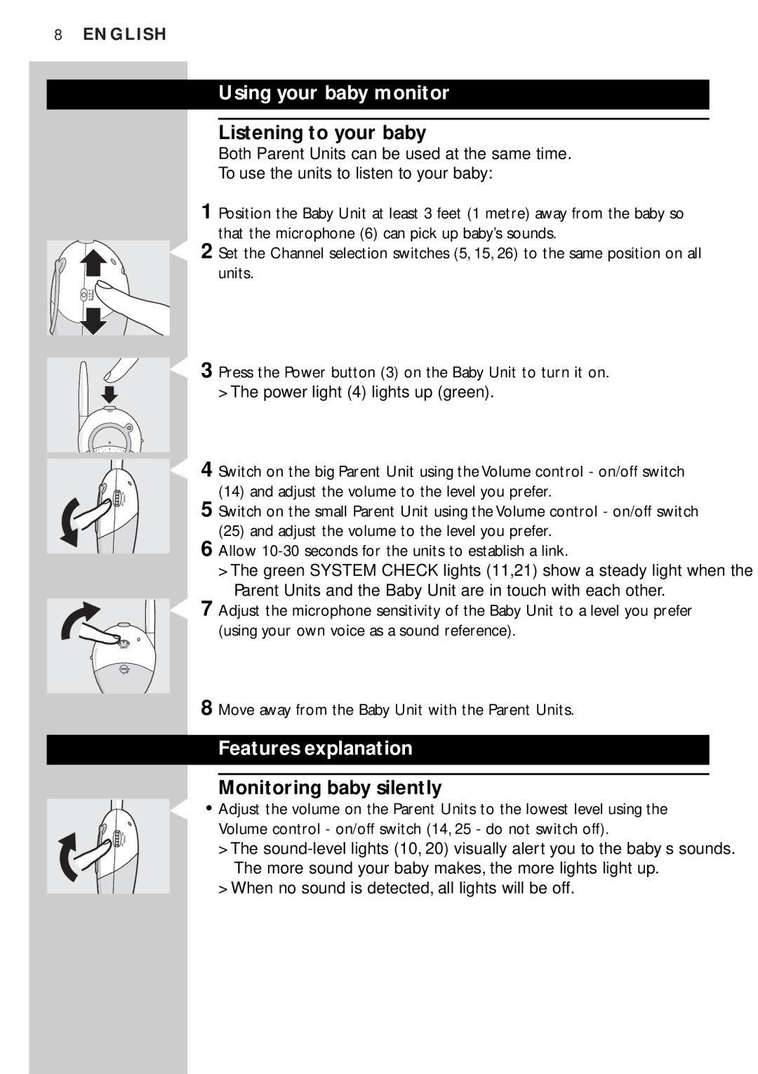 Philips SBC SC450 manual Using your baby monitor, Listening to your baby, Features explanation, Monitoring baby silently 