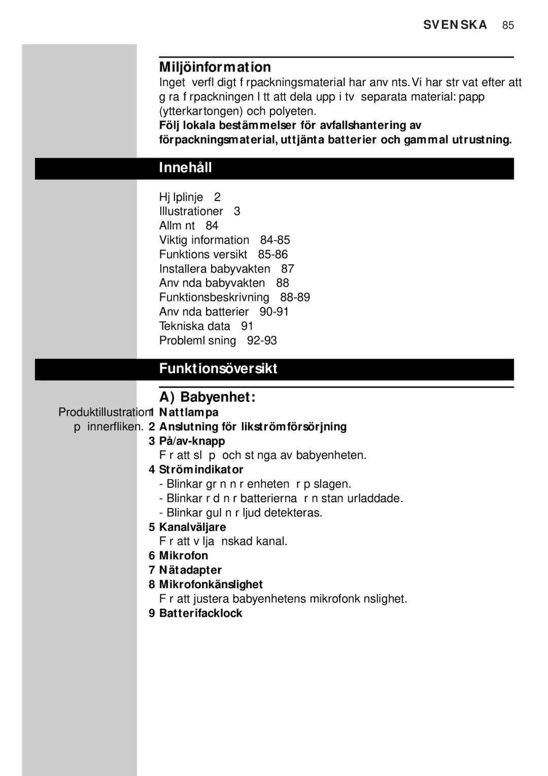 Philips SBC SC450 manual Miljöinformation, Innehåll, Funktionsöversikt, Babyenhet 