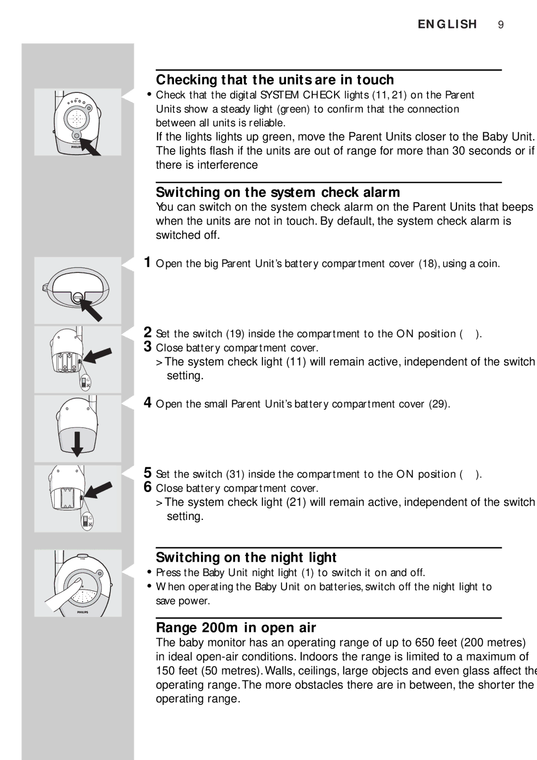 Philips SBC SC450 Checking that the units are in touch, Switching on the system check alarm, Switching on the night light 