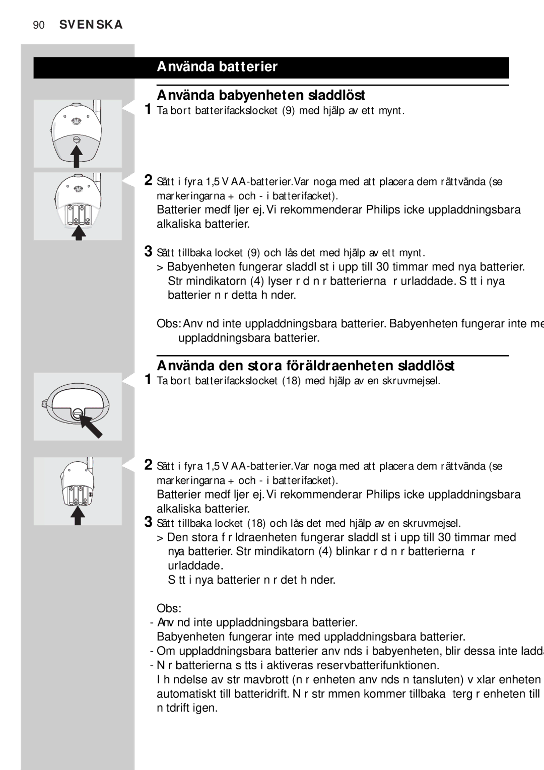 Philips SBC SC450 manual Använda batterier, Använda babyenheten sladdlöst, Använda den stora föräldraenheten sladdlöst 