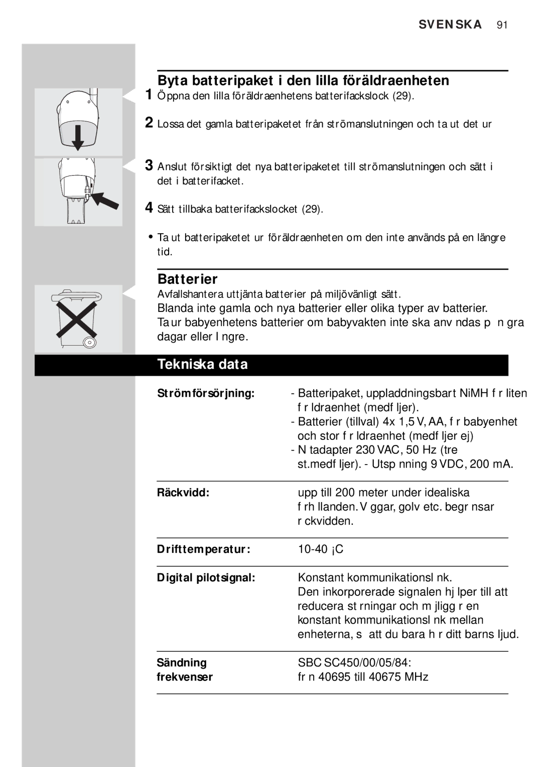 Philips SBC SC450 manual Byta batteripaket i den lilla föräldraenheten, Batterier, Tekniska data 