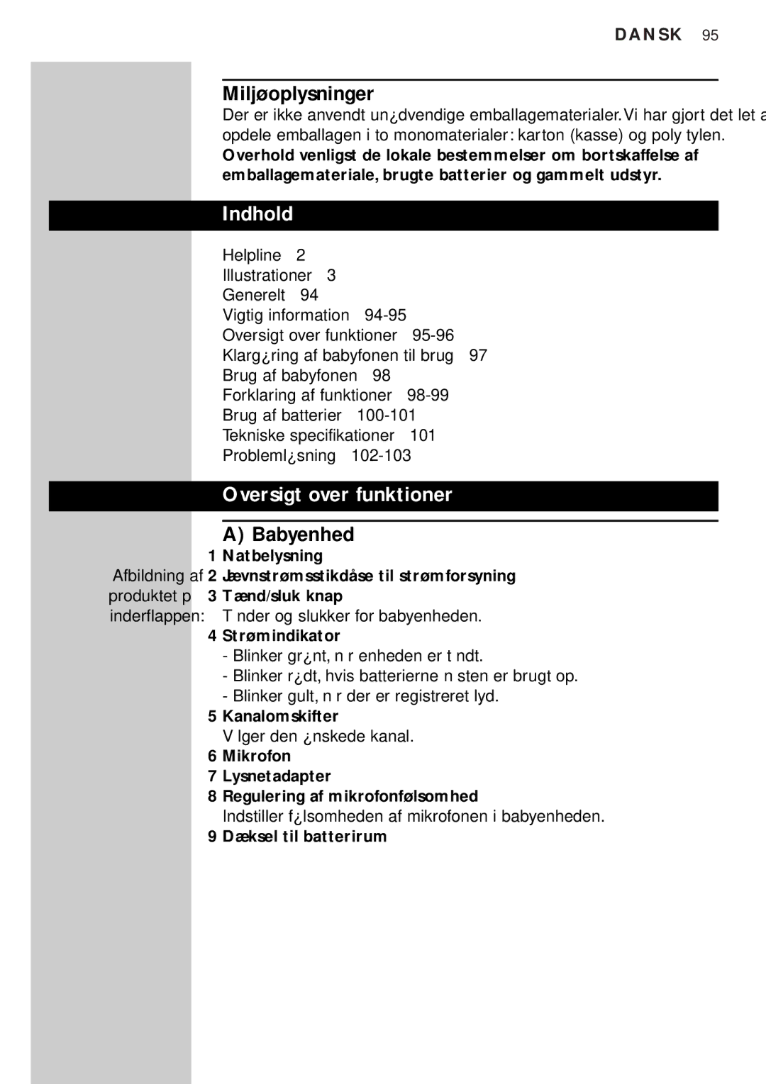 Philips SBC SC450 manual Miljøoplysninger, Indhold, Oversigt over funktioner, Babyenhed 