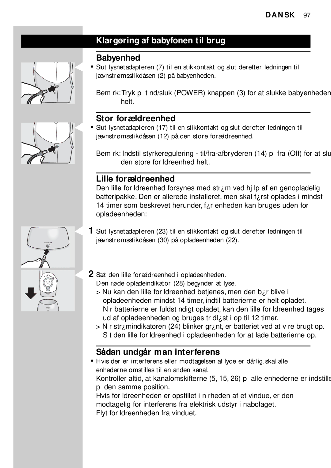 Philips SBC SC450 manual Klargøring af babyfonen til brug, Stor forældreenhed, Sådan undgår man interferens 