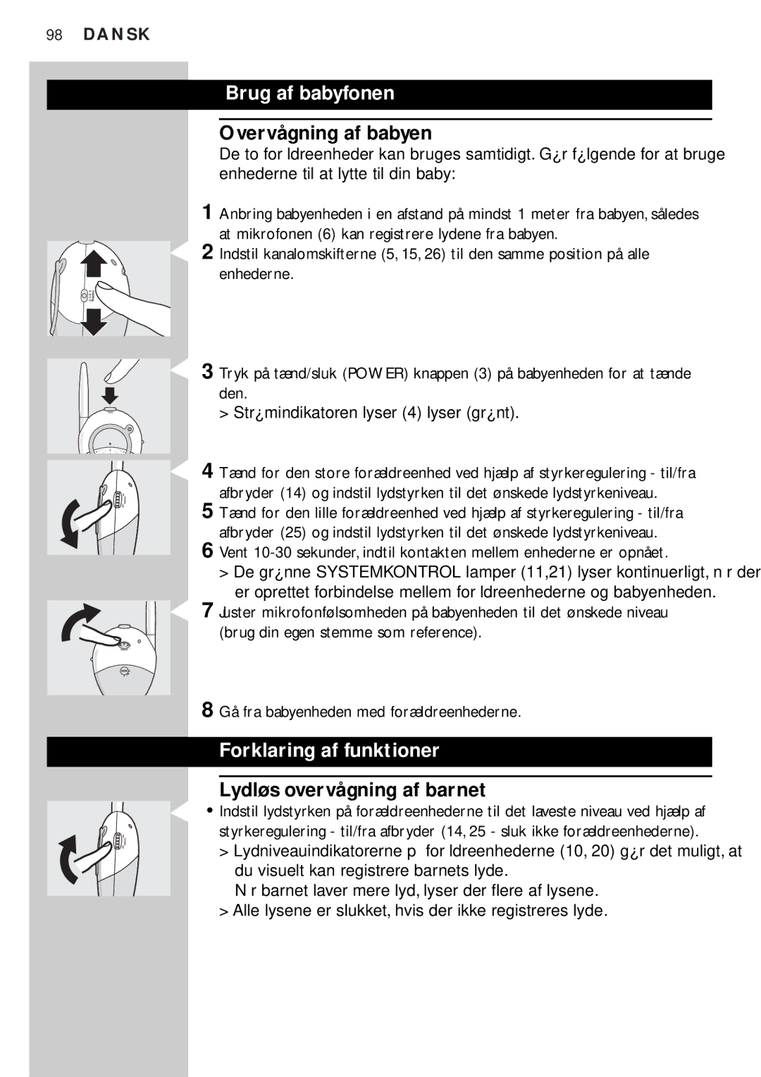 Philips SBC SC450 manual Brug af babyfonen, Overvågning af babyen, Forklaring af funktioner, Lydløs overvågning af barnet 