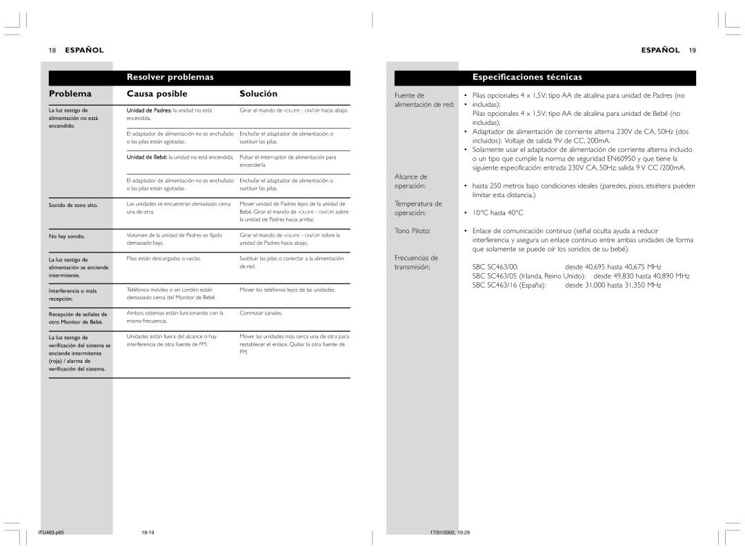 Philips SBC SC463 manual Resolver problemas, Problema Causa posible Solución, Especificaciones técnicas 