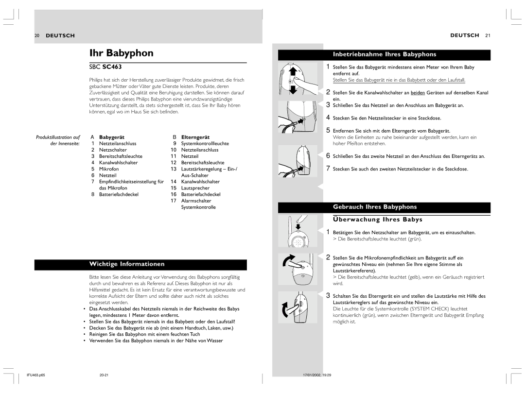 Philips SBC SC463 manual Ihr Babyphon, Wichtige Informationen, Inbetriebnahme Ihres Babyphons, Gebrauch Ihres Babyphons 