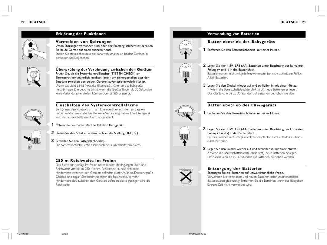 Philips SBC SC463 manual Erklärung der Funktionen, Verwendung von Batterien 