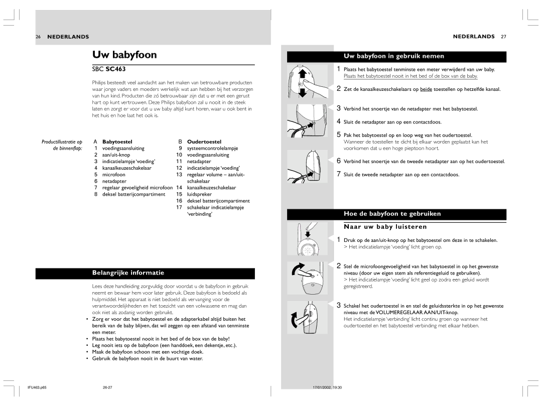 Philips SBC SC463 manual Belangrijke informatie, Uw babyfoon in gebruik nemen, Hoe de babyfoon te gebruiken 