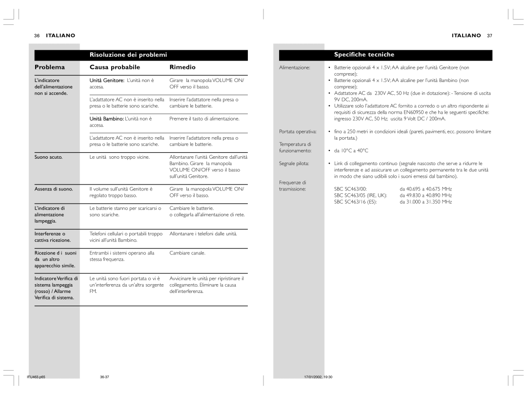 Philips SBC SC463 manual Risoluzione dei problemi Specifiche tecniche, Problema Causa probabile Rimedio 