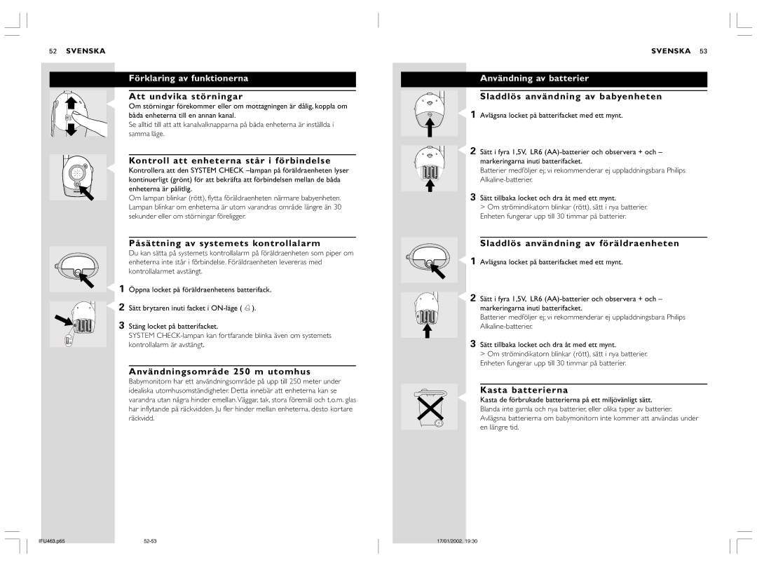 Philips SBC SC463 manual Förklaring av funktionerna, Användning av batterier 