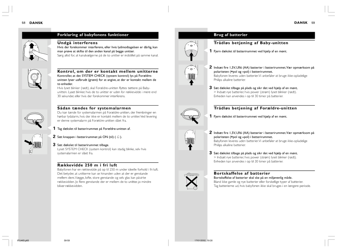 Philips SBC SC463 manual Forklaring af babyfonens funktioner, Brug af batterier 