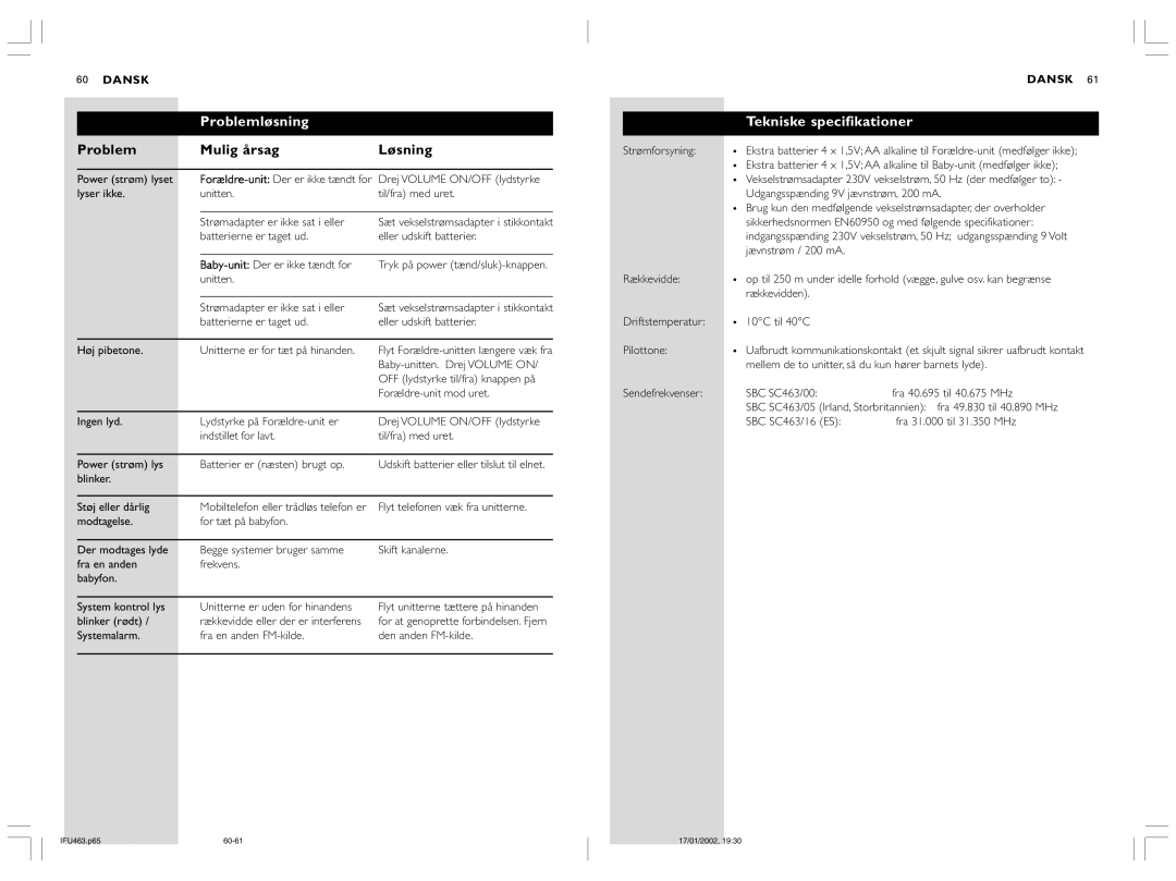 Philips SBC SC463 manual Problemløsning, Problem Mulig årsag Løsning, Tekniske specifikationer, Power strøm lyset 