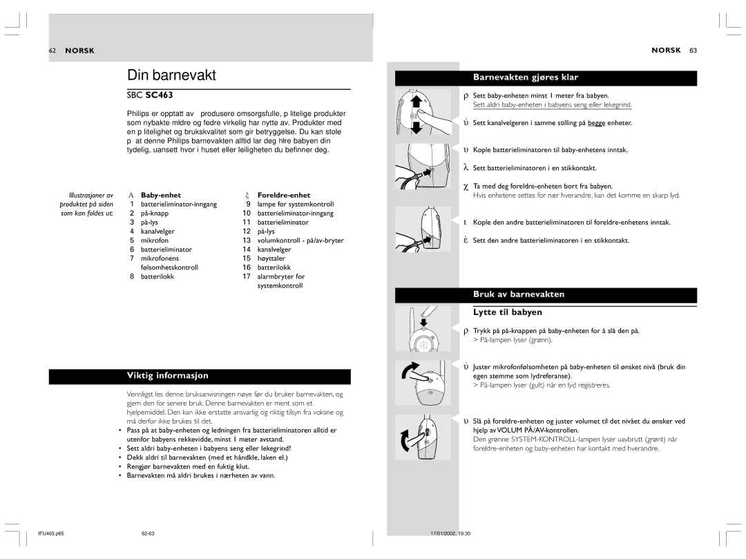 Philips SBC SC463 manual Din barnevakt, Viktig informasjon, Barnevakten gjøres klar, Bruk av barnevakten, Lytte til babyen 