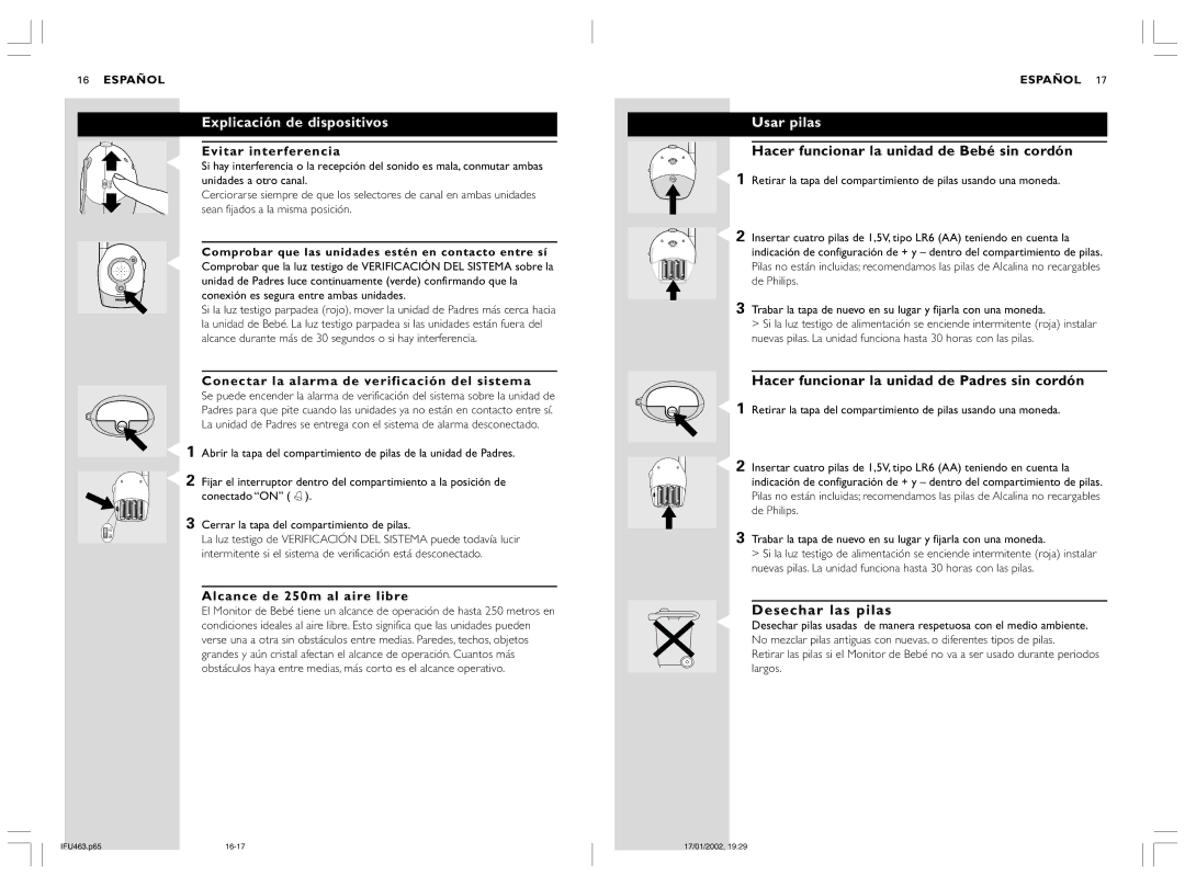 Philips SBC SC463 manual Explicación de dispositivos, Usar pilas, Hacer funcionar la unidad de Bebé sin cordón 