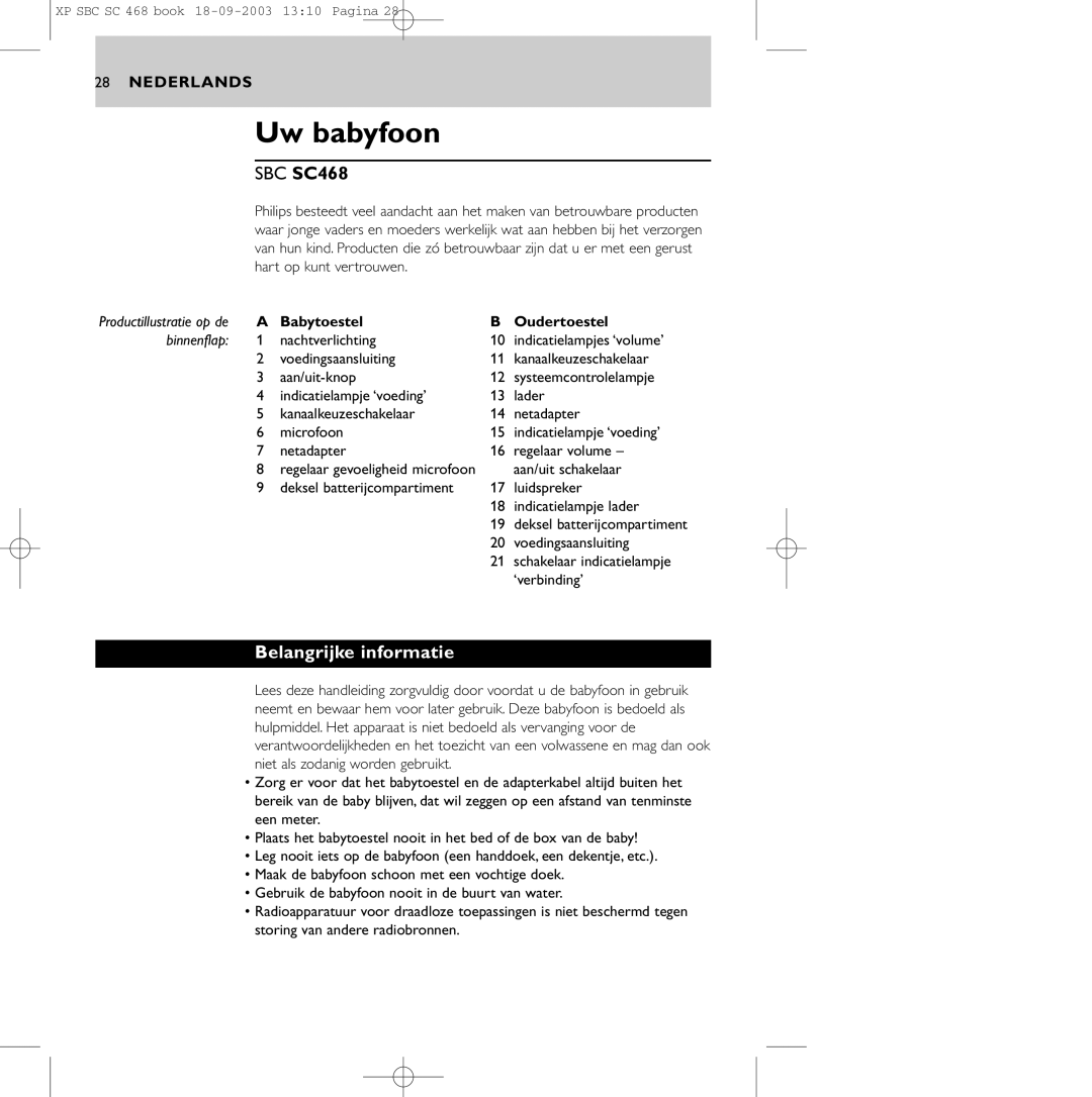 Philips SBC SC468 manual Uw babyfoon, Belangrijke informatie 