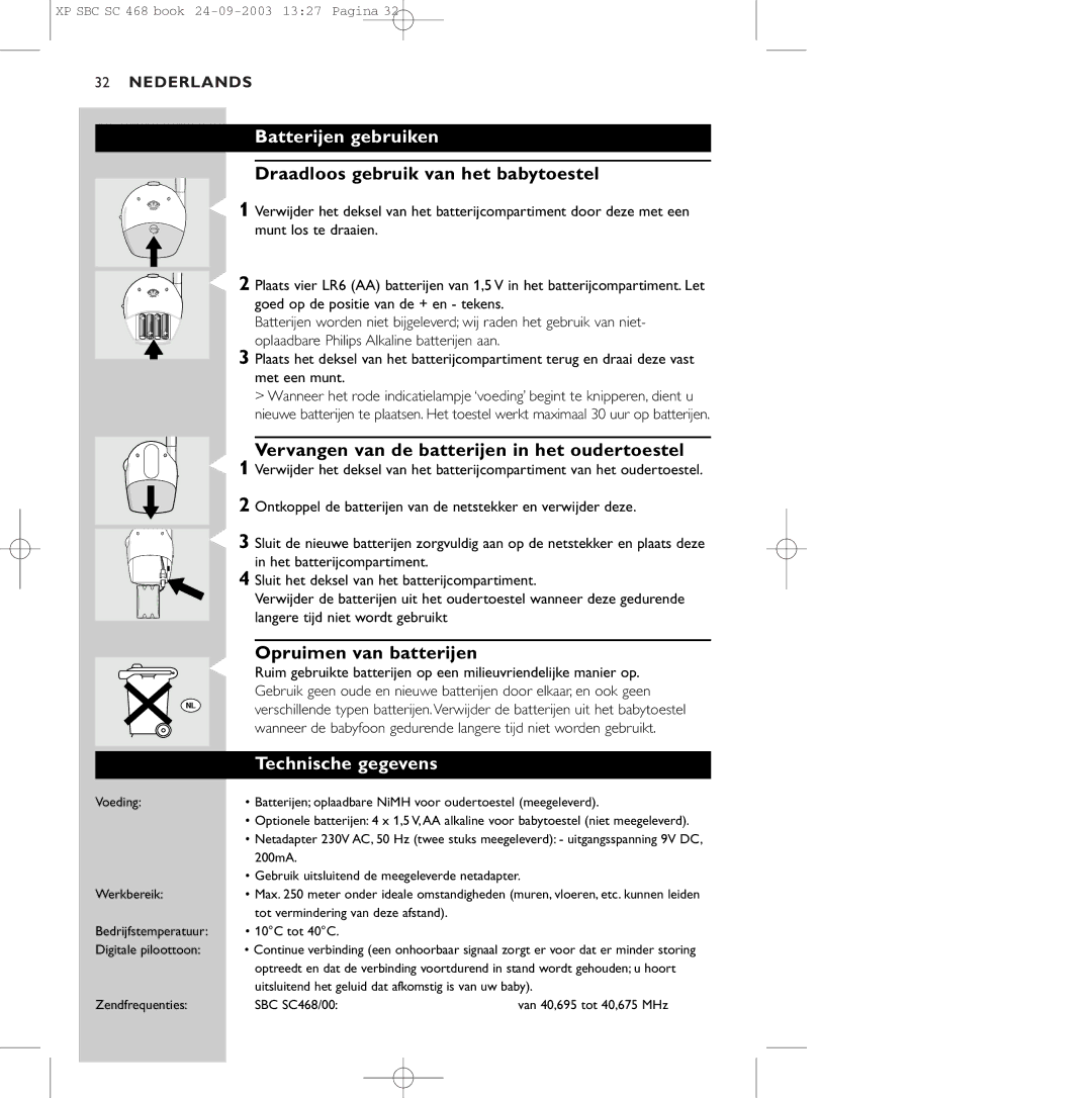 Philips SBC SC468 manual Batterijen gebruiken, Draadloos gebruik van het babytoestel 