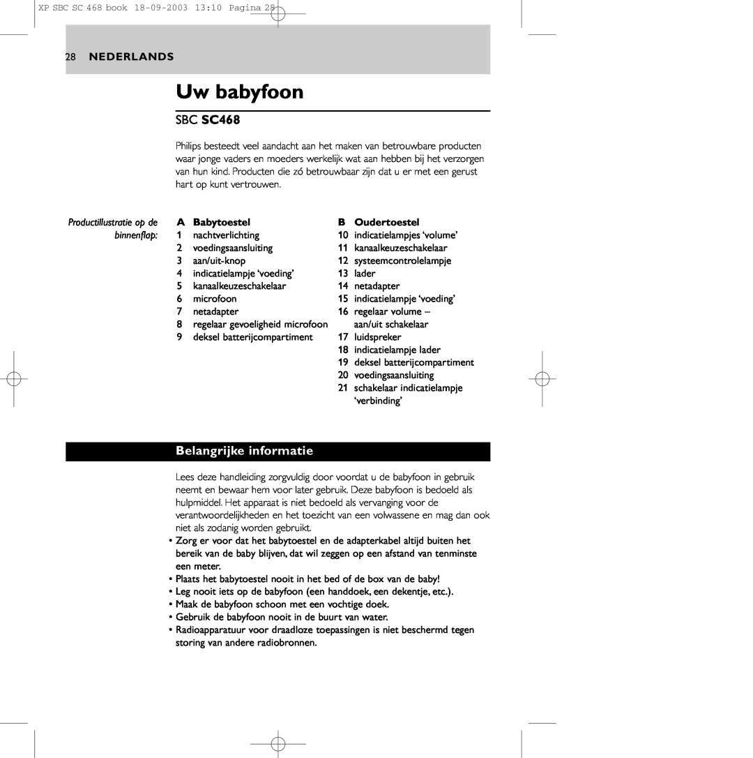 Philips SBC SC468 manual Belangrijke informatie, Nederlands, Uw babyfoon, Babytoestel, Oudertoestel 