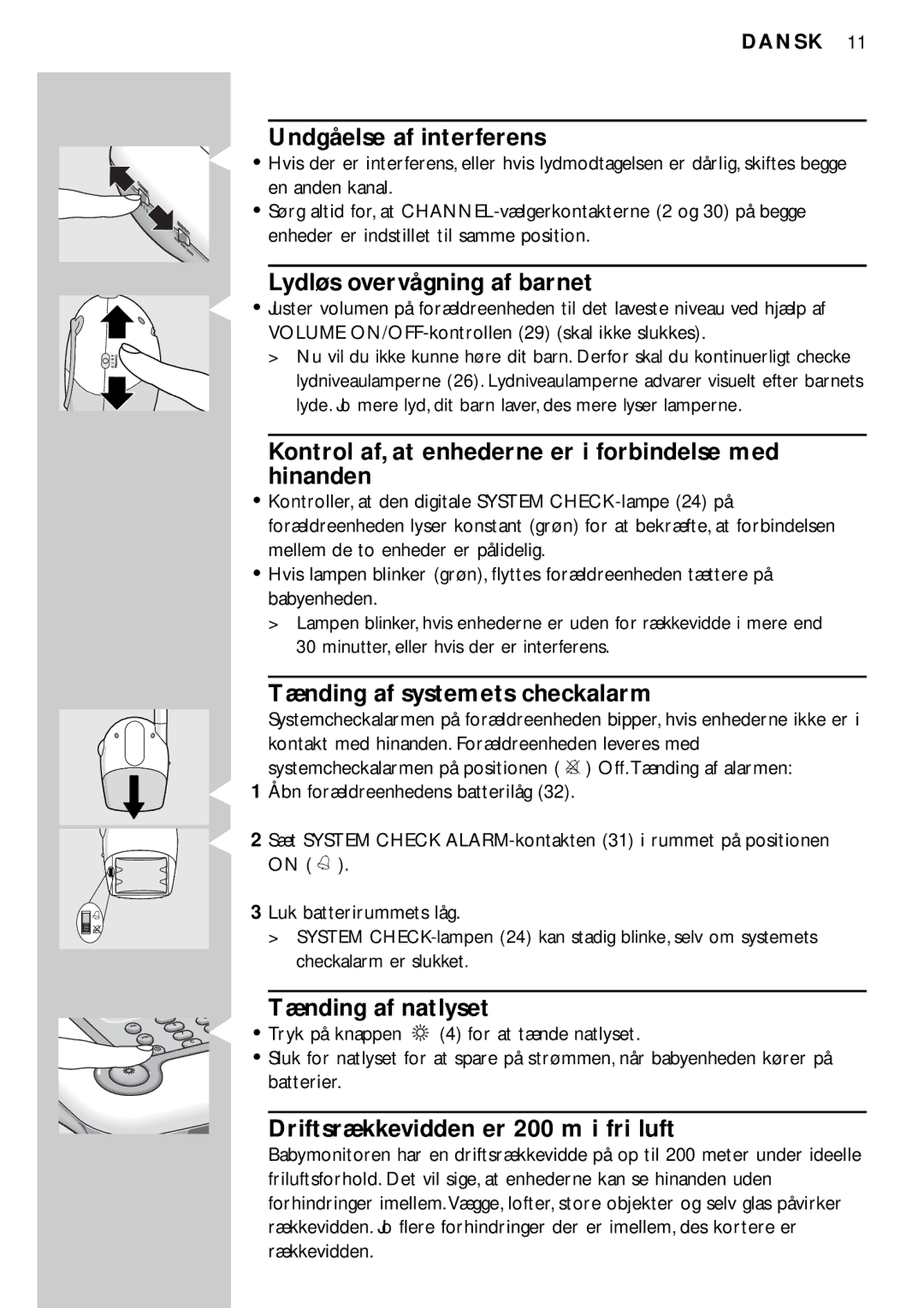 Philips SBC SC469 manual Undgåelse af interferens, Lydløs overvågning af barnet, Tænding af systemets checkalarm 