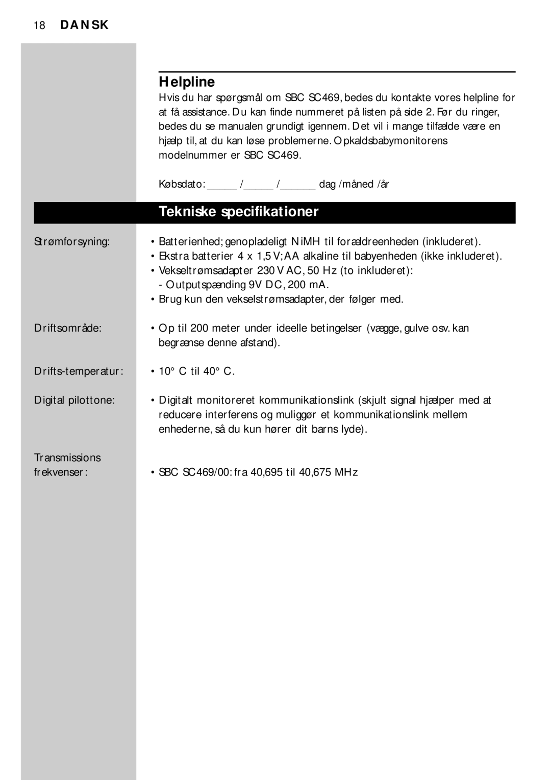 Philips SBC SC469 manual Helpline, Tekniske specifikationer 