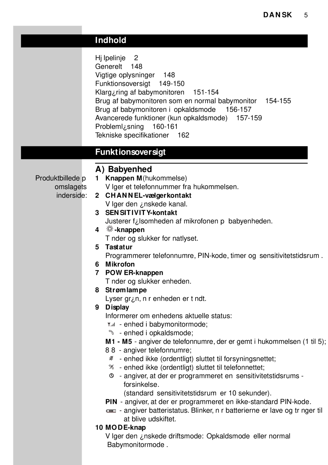 Philips SBC SC469 manual Indhold, Funktionsoversigt, Babyenhed 