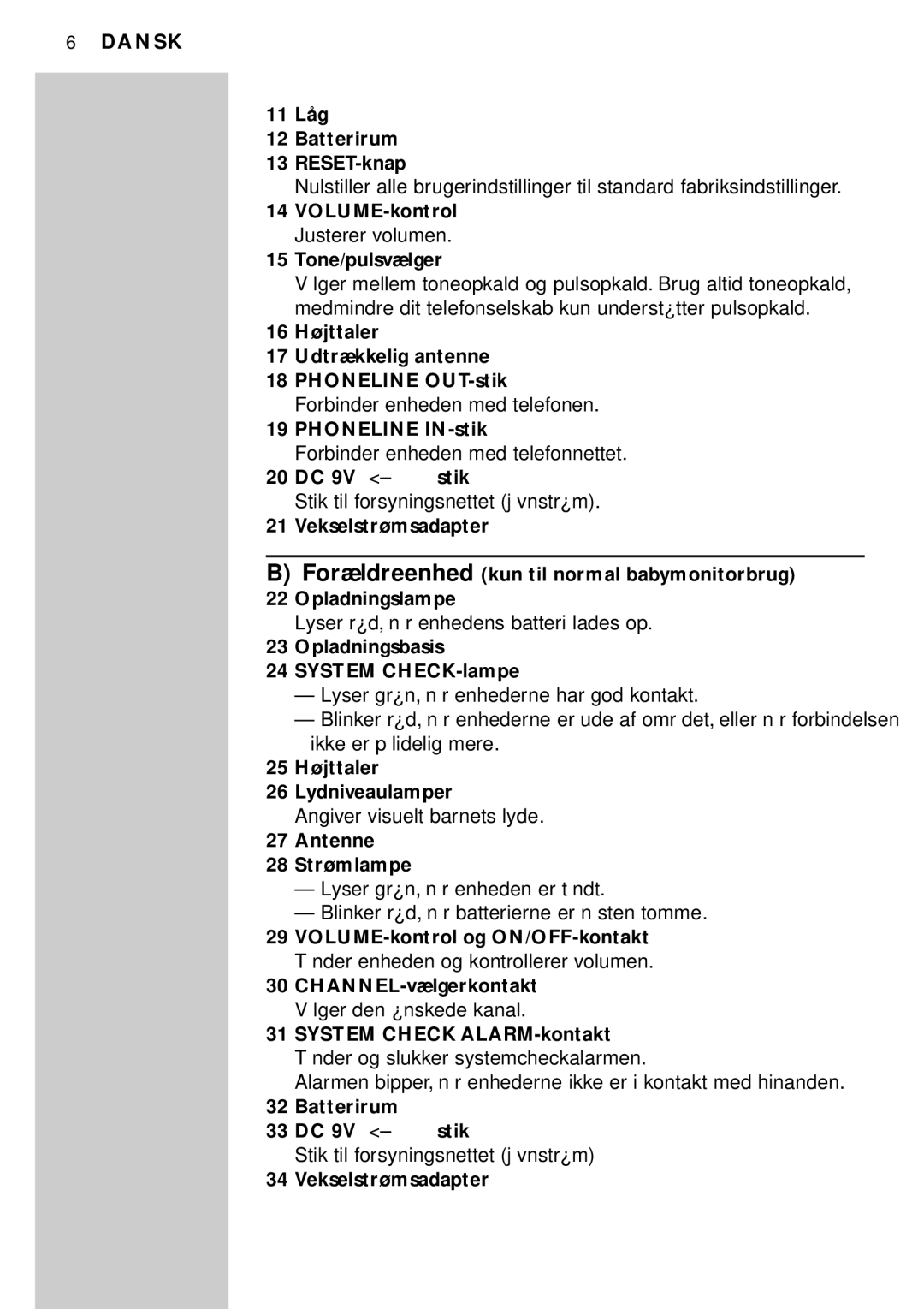 Philips SBC SC469 manual 11 Låg Batterirum RESET-knap, VOLUME-kontrol Justerer volumen Tone/pulsvælger, Phoneline IN-stik 