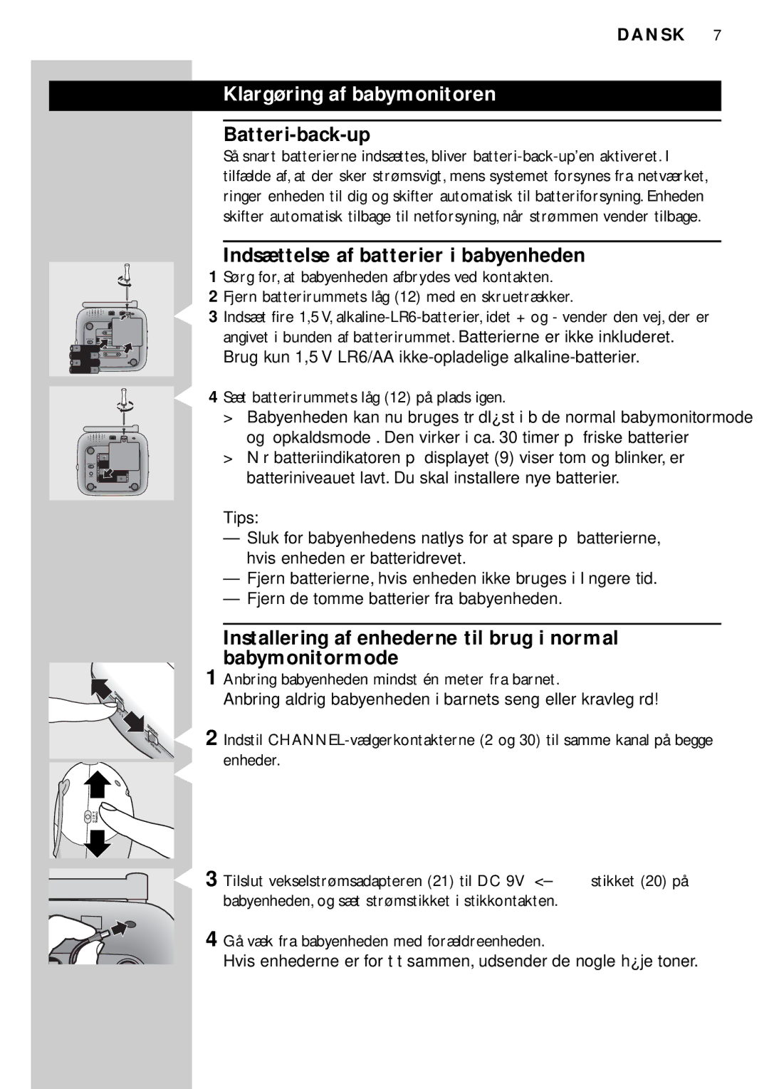 Philips SBC SC469 manual Klargøring af babymonitoren, Batteri-back-up, Indsættelse af batterier i babyenheden 