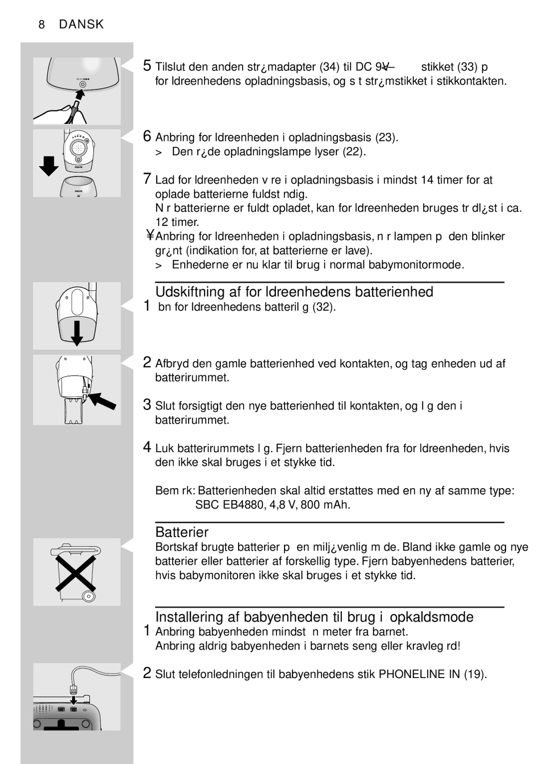 Philips SBC SC469 manual Udskiftning af forældreenhedens batterienhed, Batterier 