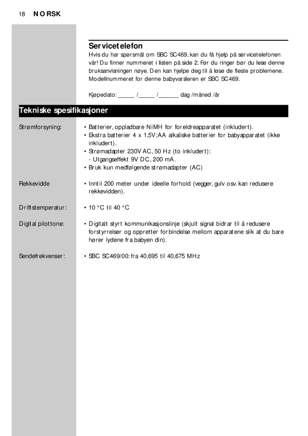 Philips SBC SC469 manual Servicetelefon, Tekniske spesifikasjoner 