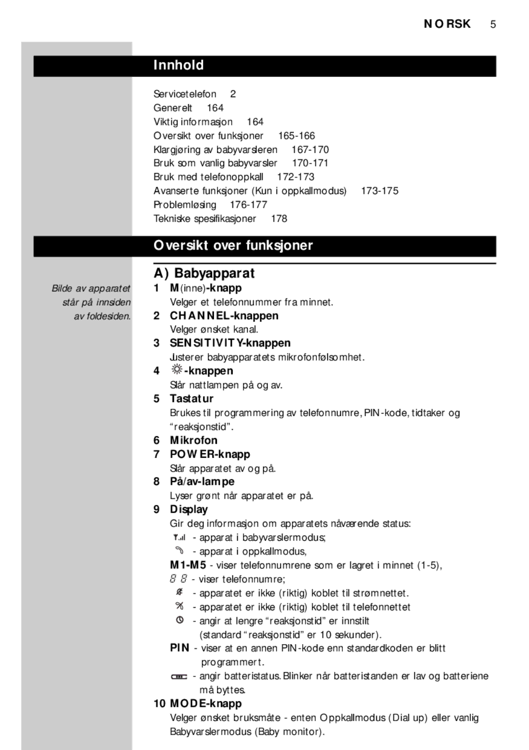 Philips SBC SC469 manual Innhold, Oversikt over funksjoner, Babyapparat 