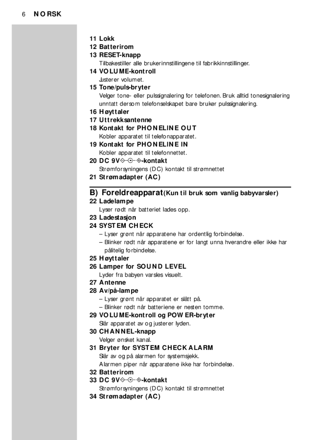 Philips SBC SC469 manual Lokk Batterirom RESET-knapp, VOLUME-kontroll Justerer volumet Tone/puls-bryter, 20 DC 9V-±-kontakt 