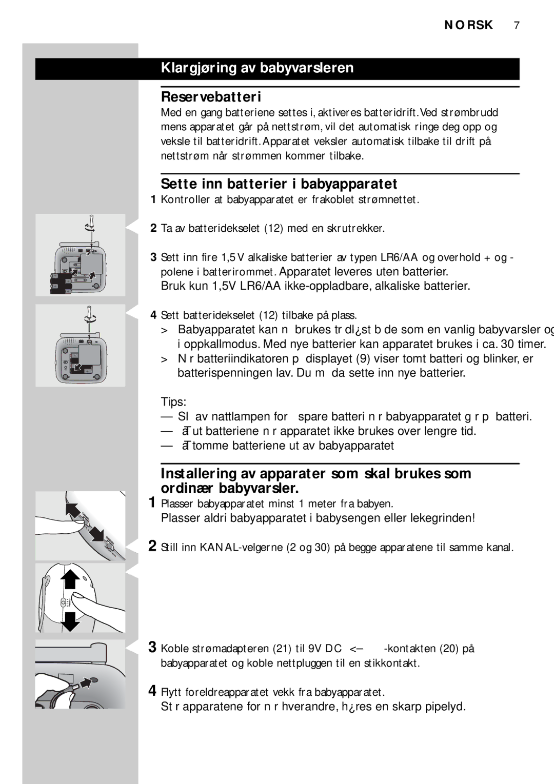 Philips SBC SC469 manual Klargjøring av babyvarsleren, Reservebatteri, Sette inn batterier i babyapparatet 