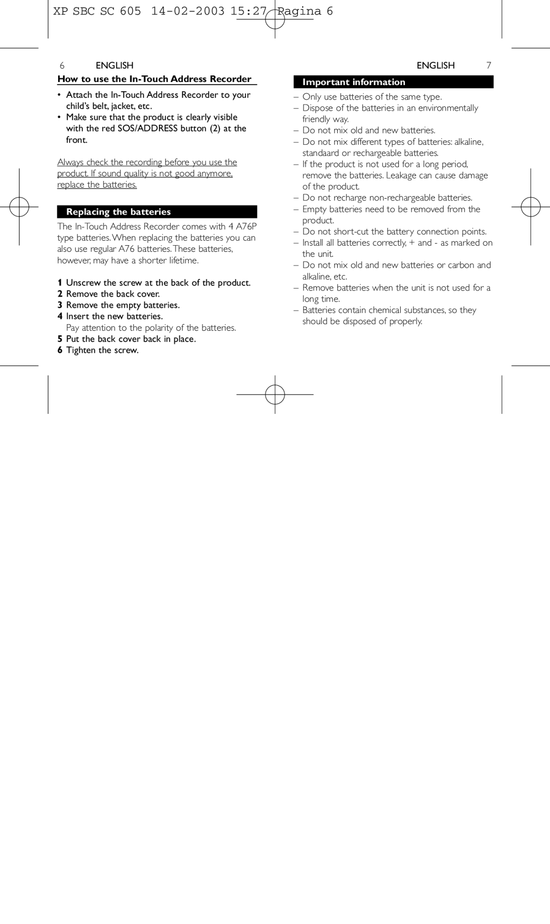 Philips SBC SC605 manual How to use the In-Touch Address Recorder, Replacing the batteries, Important information 