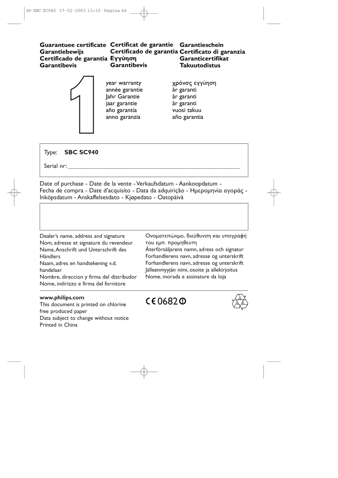 Philips SC940SBC manual Type SBC SC940 