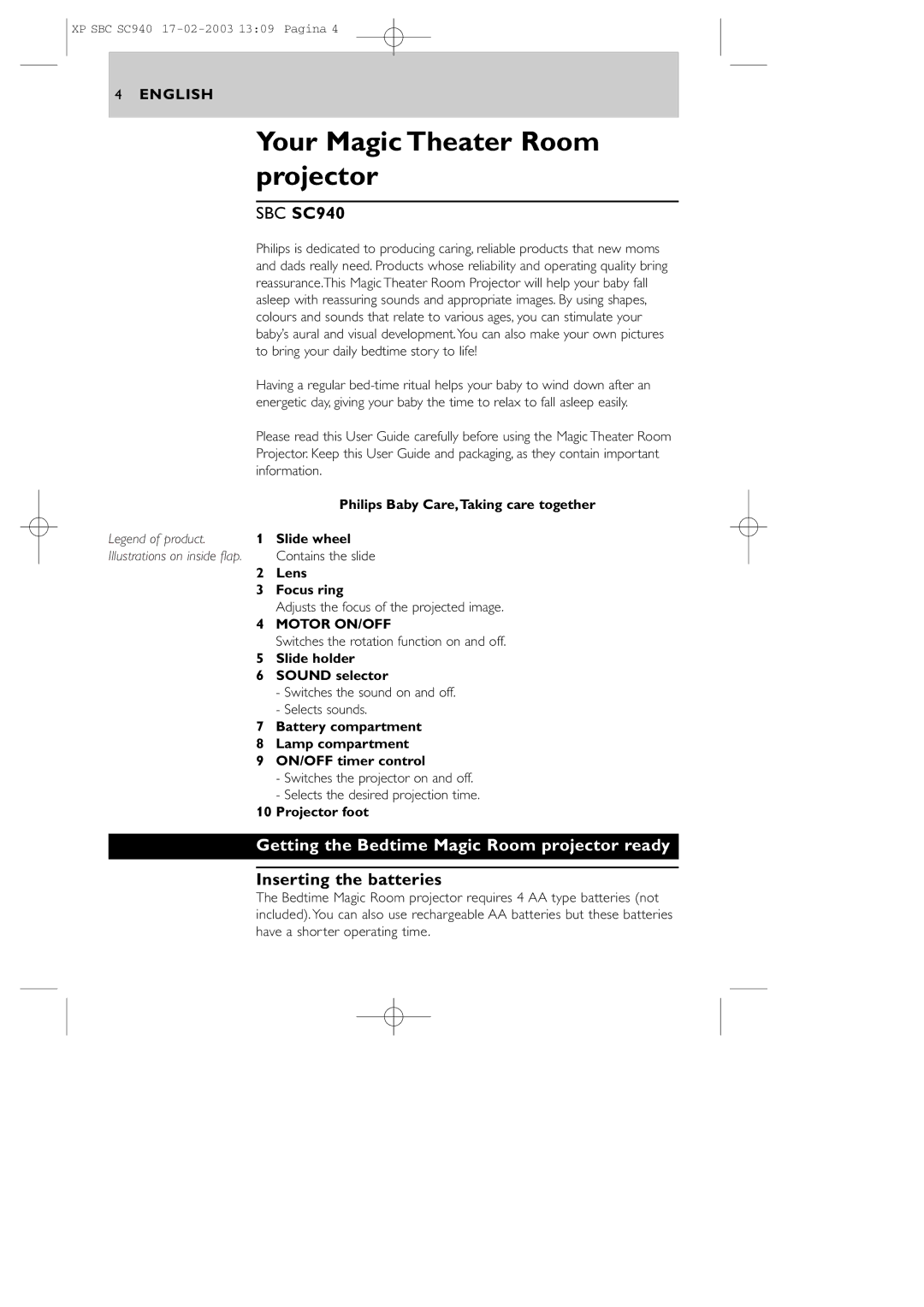 Philips SBC SC940, SC940SBC manual Getting the Bedtime Magic Room projector ready, Inserting the batteries 