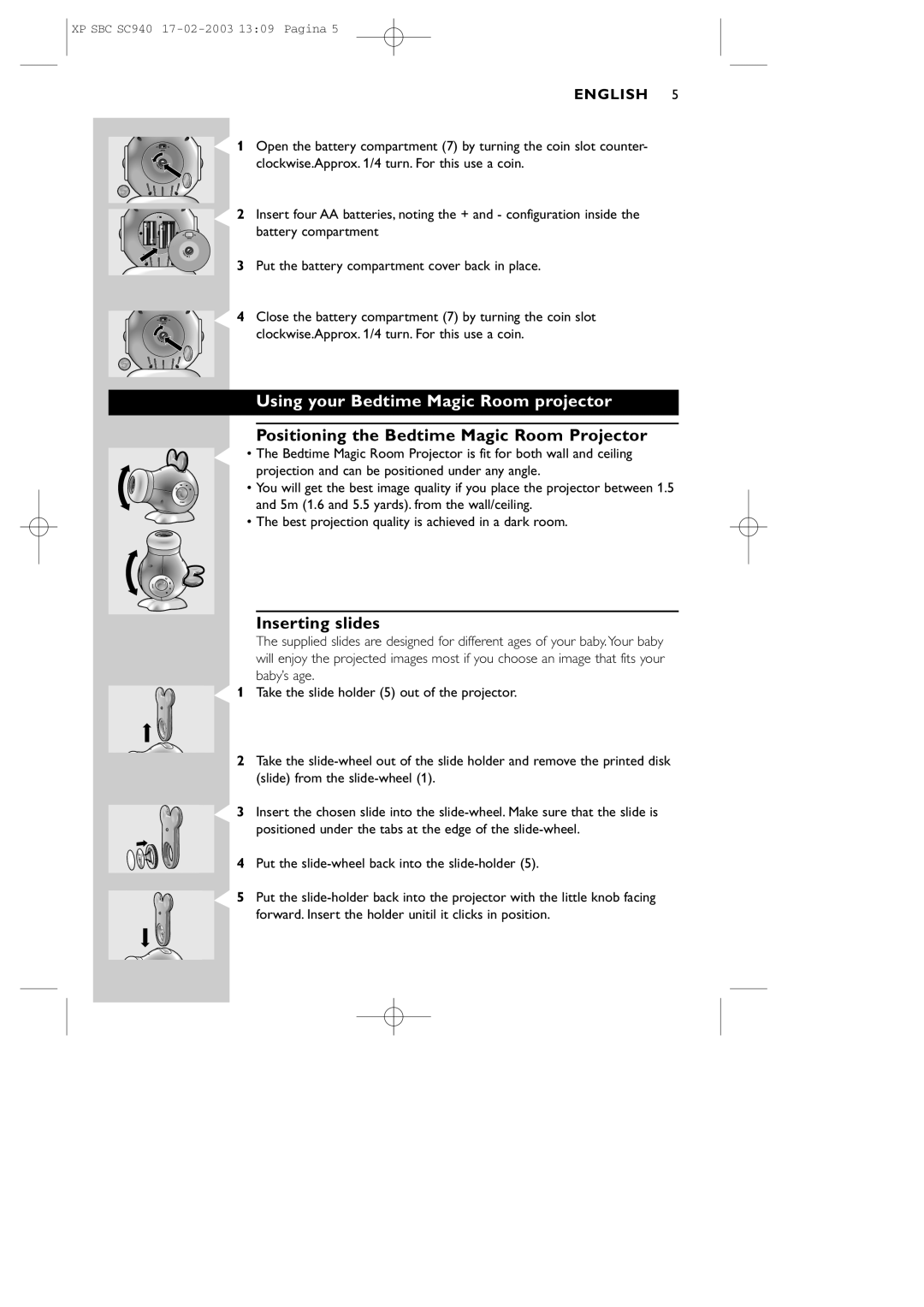 Philips SC940SBC Using your Bedtime Magic Room projector, Positioning the Bedtime Magic Room Projector, Inserting slides 