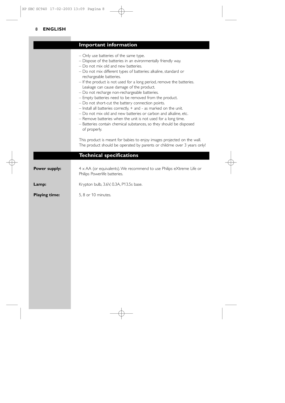 Philips SBC SC940, SC940SBC manual Important information, Technical specifications 