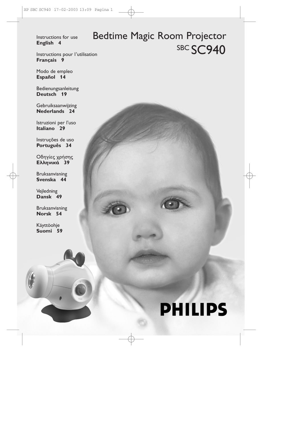 Philips SC940SBC manual SBC SC940, Instructions for use Bedtime Magic Room Projector, English, Français, Español, Deutsch 