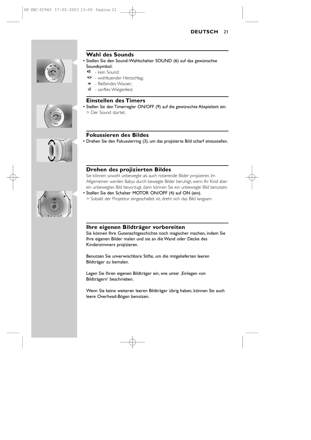 Philips SBC SC940 manual Wahl des Sounds, Einstellen des Timers, Fokussieren des Bildes, Drehen des projizierten Bildes 