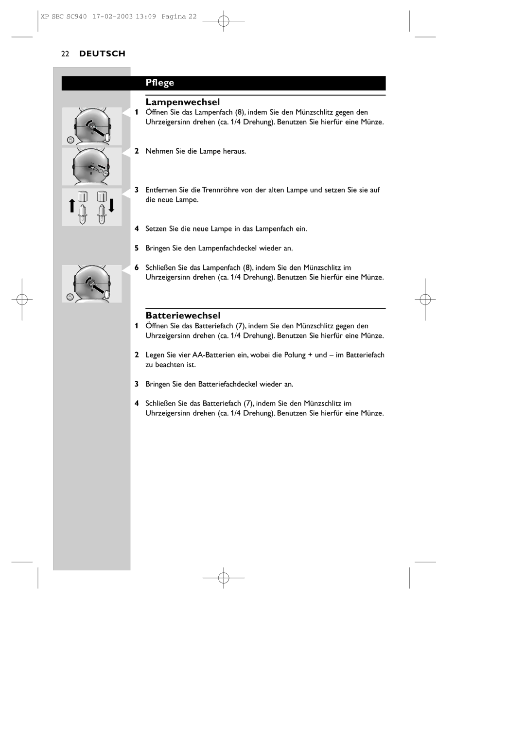 Philips SBC SC940 manual Pflege, Lampenwechsel, Batteriewechsel 