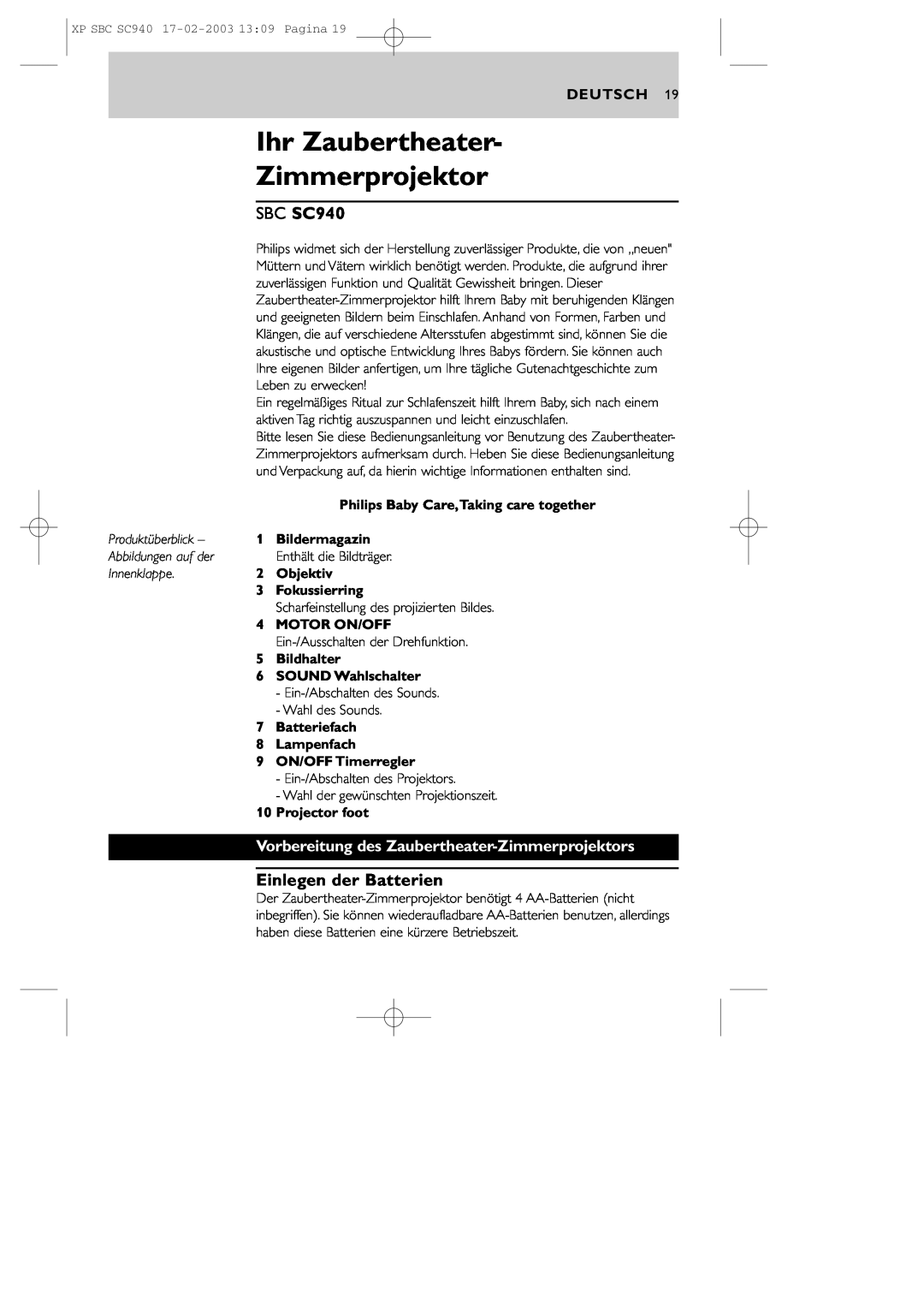 Philips SBC SC940 manual Ihr Zaubertheater Zimmerprojektor, Einlegen der Batterien, Deutsch, Produktüberblick, Innenklappe 