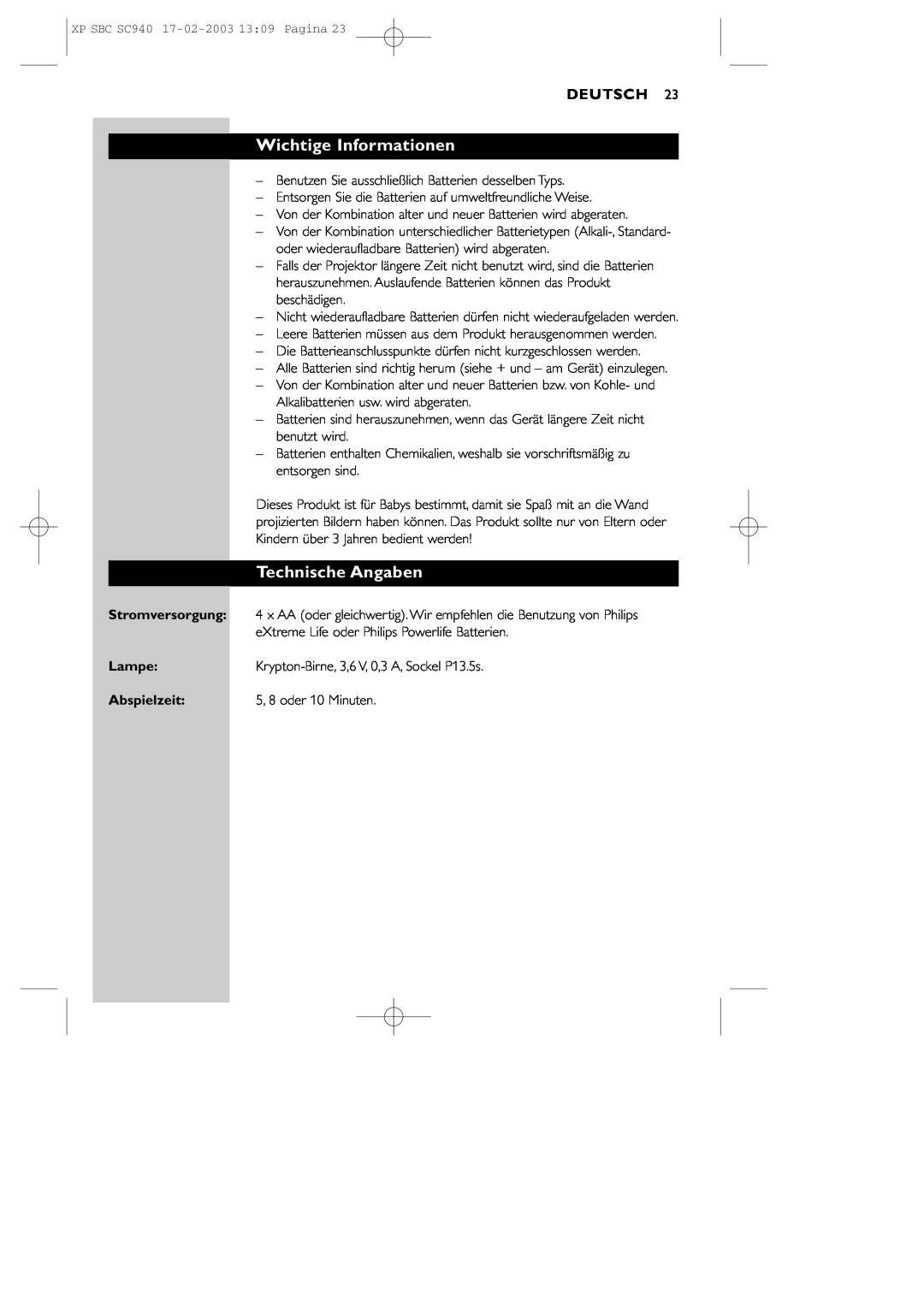 Philips SBC SC940 manual Wichtige Informationen, Technische Angaben, Deutsch, Stromversorgung, Lampe, Abspielzeit 