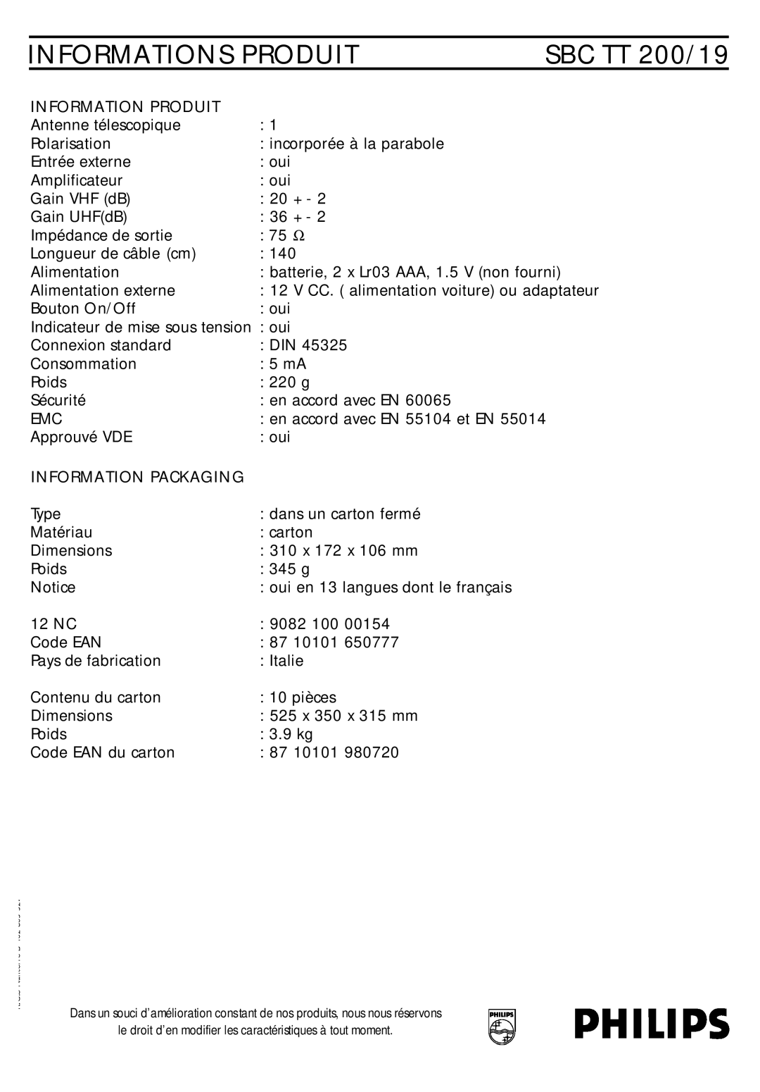 Philips SBC TT 200/19 manual Informations Produit, Information Produit, Information Packaging 