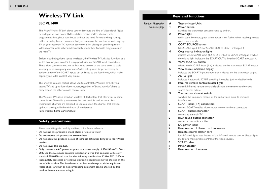 Philips SBC VL1400 manual Wireless TV Link, Safety precautions 